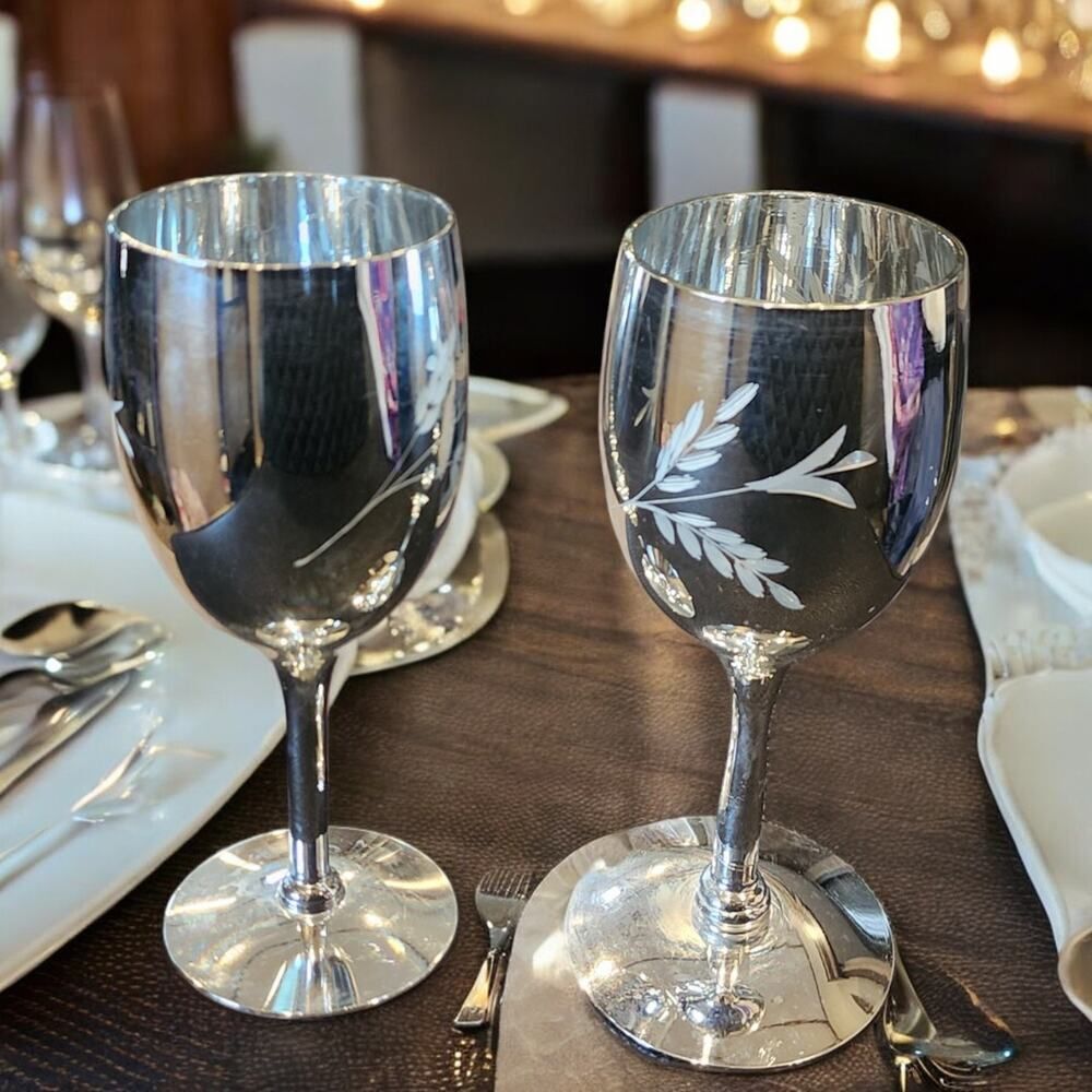 Vintage Silver Overlay Crystal Wine Goblets Candlelite Mueller Set 2